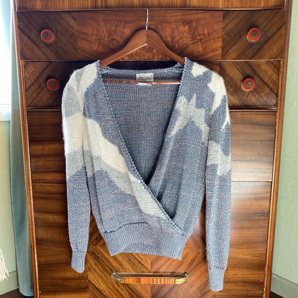 Vintage 80's metallic and fuzzy white crossbody V-neck sweater